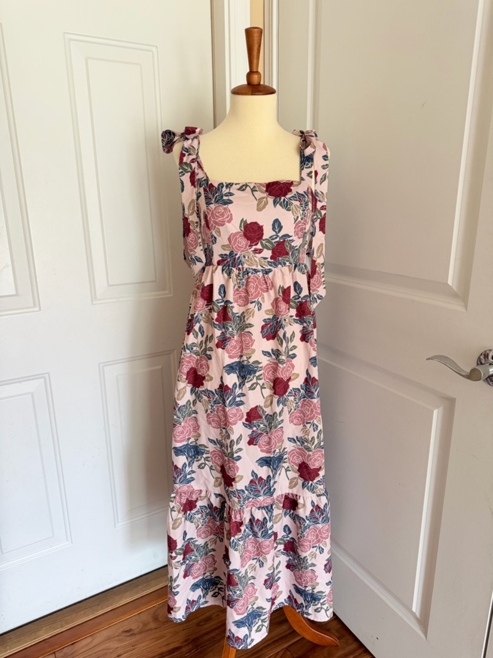 Floral Tie-Shoulder Maxi Dress in Blush and Rose